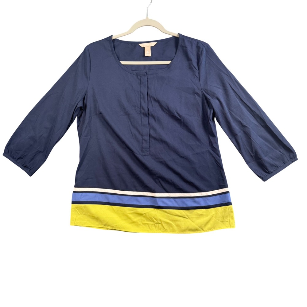 Banana Republic Navy Colorblock Blouse Medium Stripe 3/4 Sleeve Quiet Luxury Top